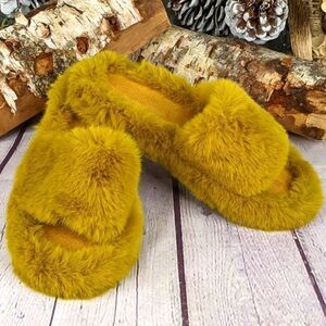 Super Soft and Fluffy Open Toe Faux Fur Slippers - Mustard Yellow